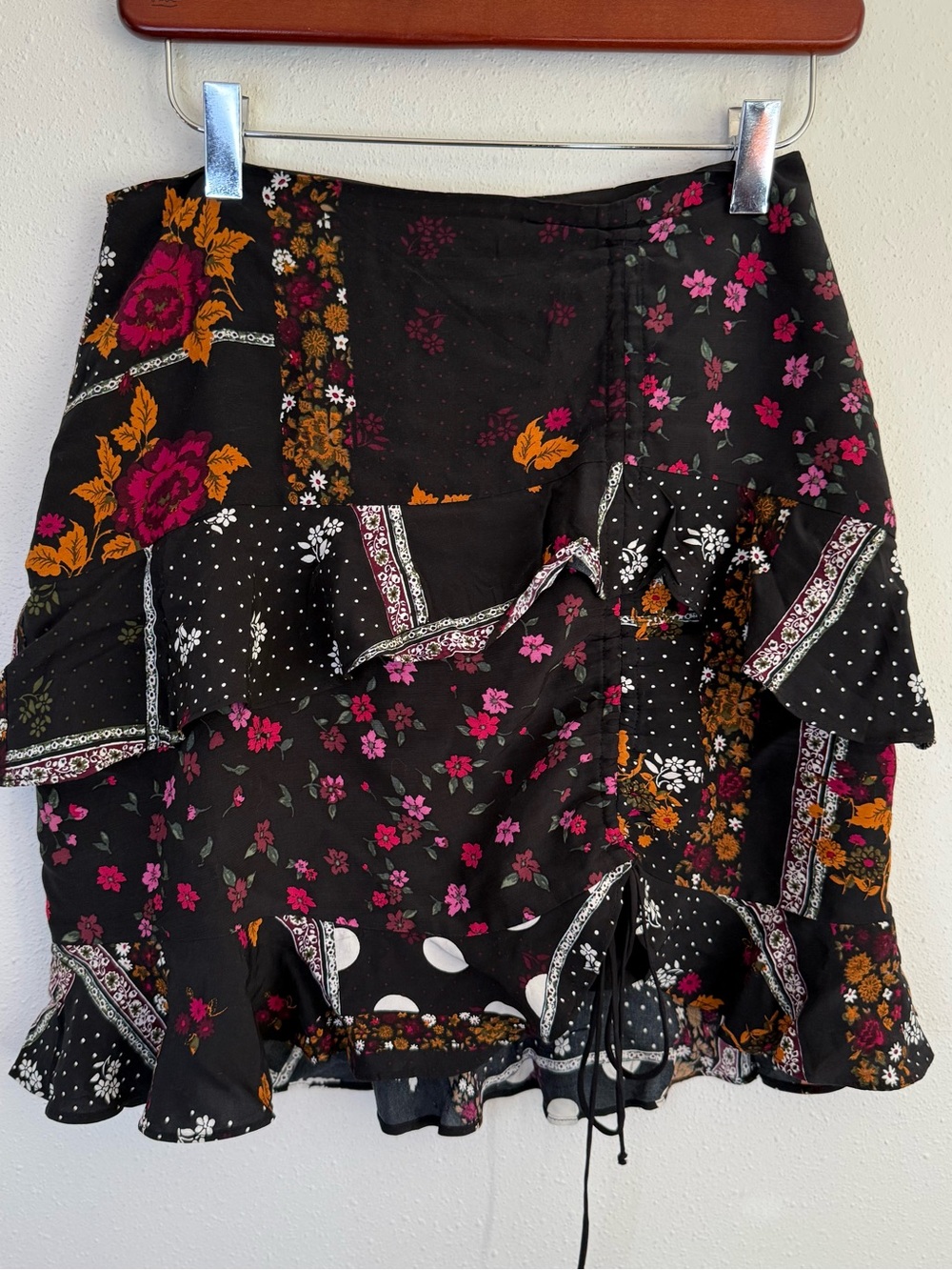 For Love & Lemons Patchwork Floral Ruffle Mini Skirt Size Small Boho